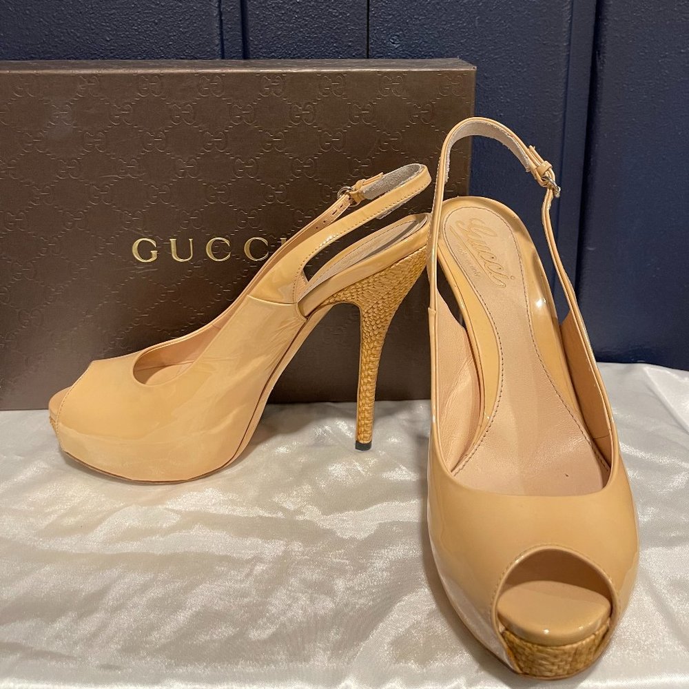 Gucci Lisbeth Nude Patent Heels 38.5